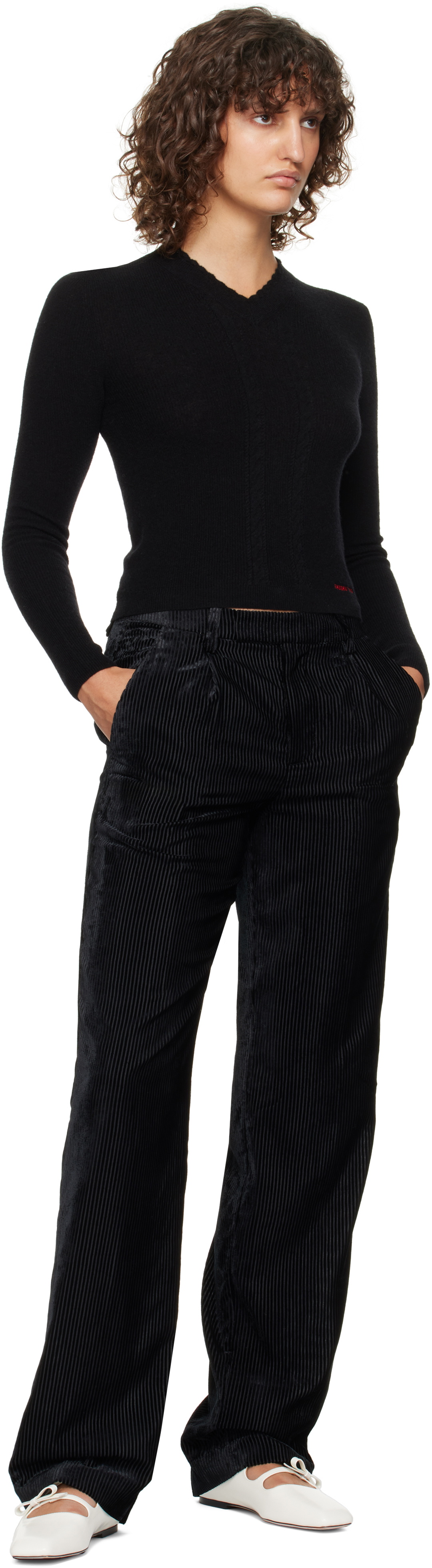 shushutong トップス xs SHUSHU/TONG Black Lace-Trimmed V-Neck Knit Sweater Shushu/Tong