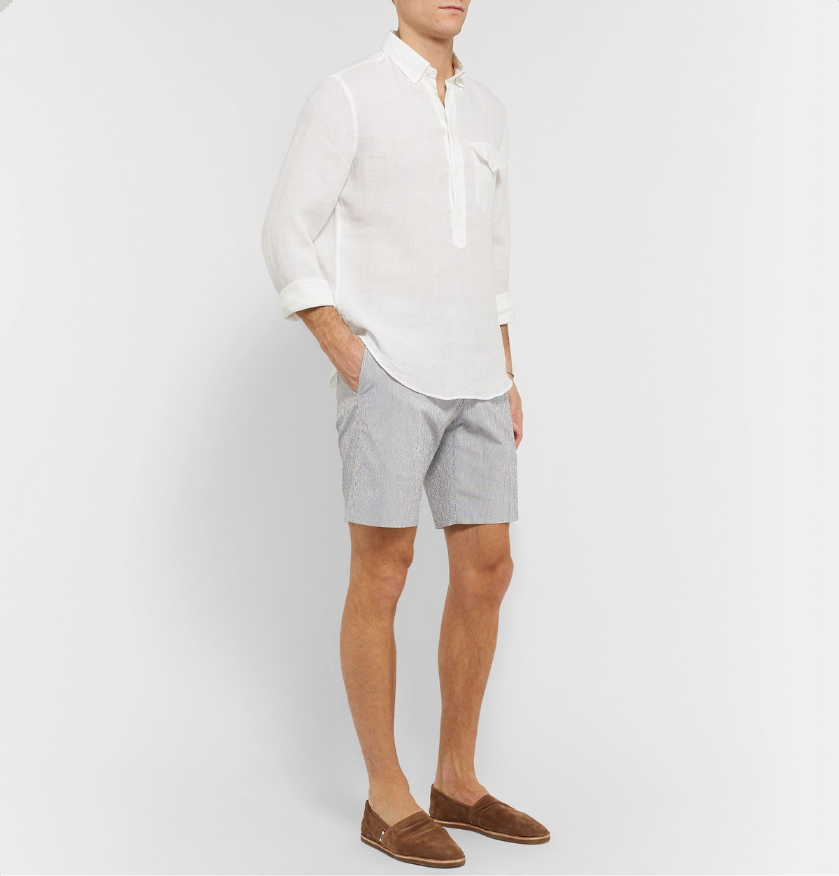 Odyssee - Pierre Pinstriped Linen-Seersucker Shorts - Gray