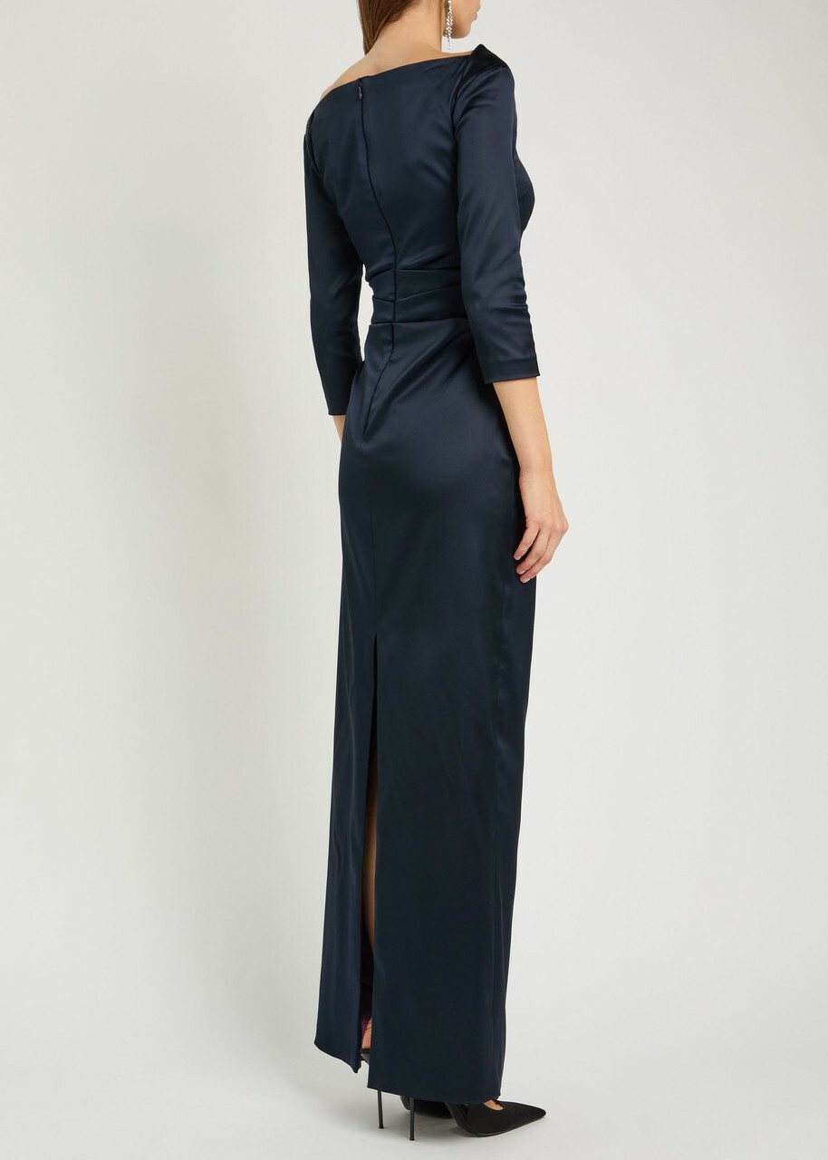Talbot Runhof Gathered Satin Maxi Dress Navy