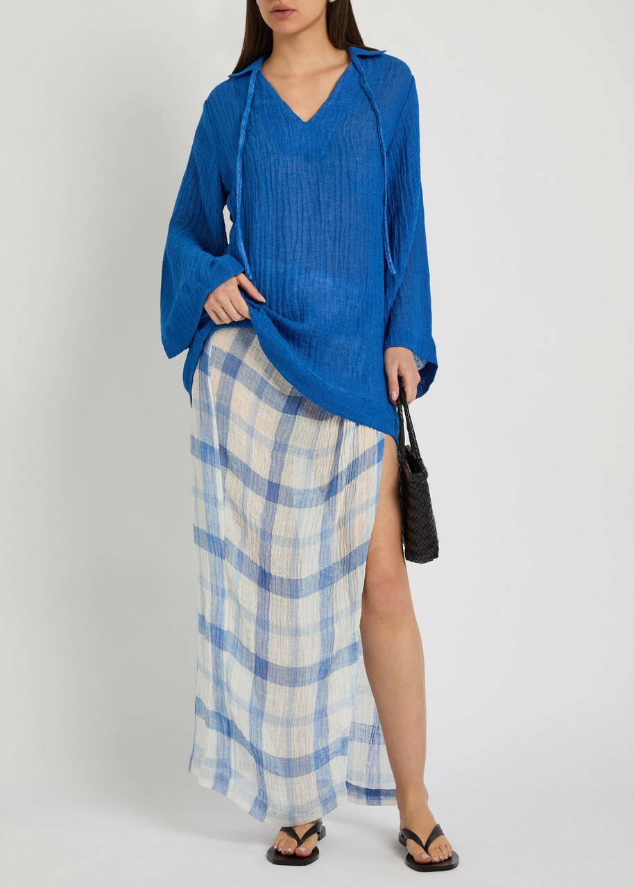 Lisa Marie Fernandez Checked Linen-blend Sarong Skirt Blue And White