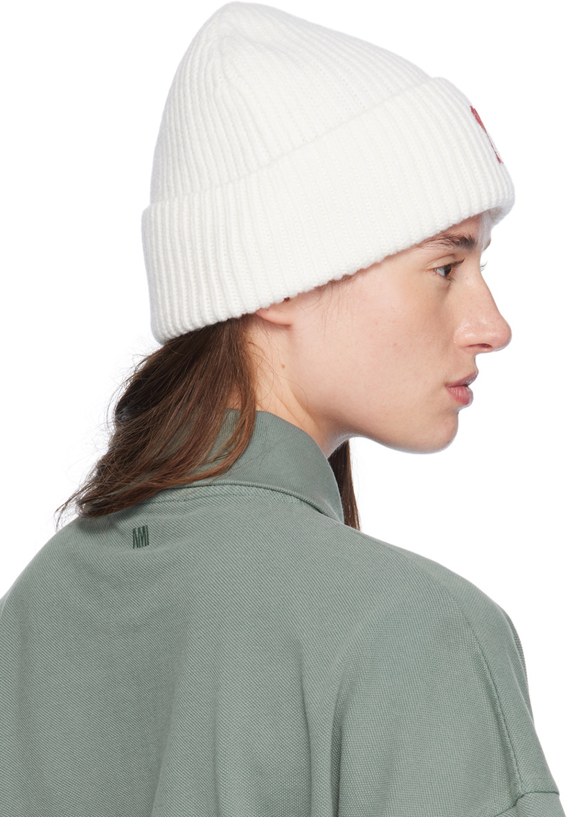 AMI Paris Off-White Red Ami de Cœur Beanie AMI