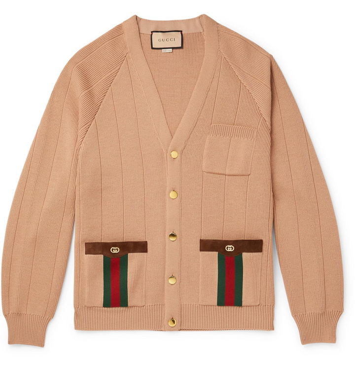 Photo: GUCCI - Horsebit Suede and Webbing-Trimmed Wool-Blend Cardigan - Brown