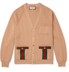 GUCCI - Horsebit Suede and Webbing-Trimmed Wool-Blend Cardigan - Brown