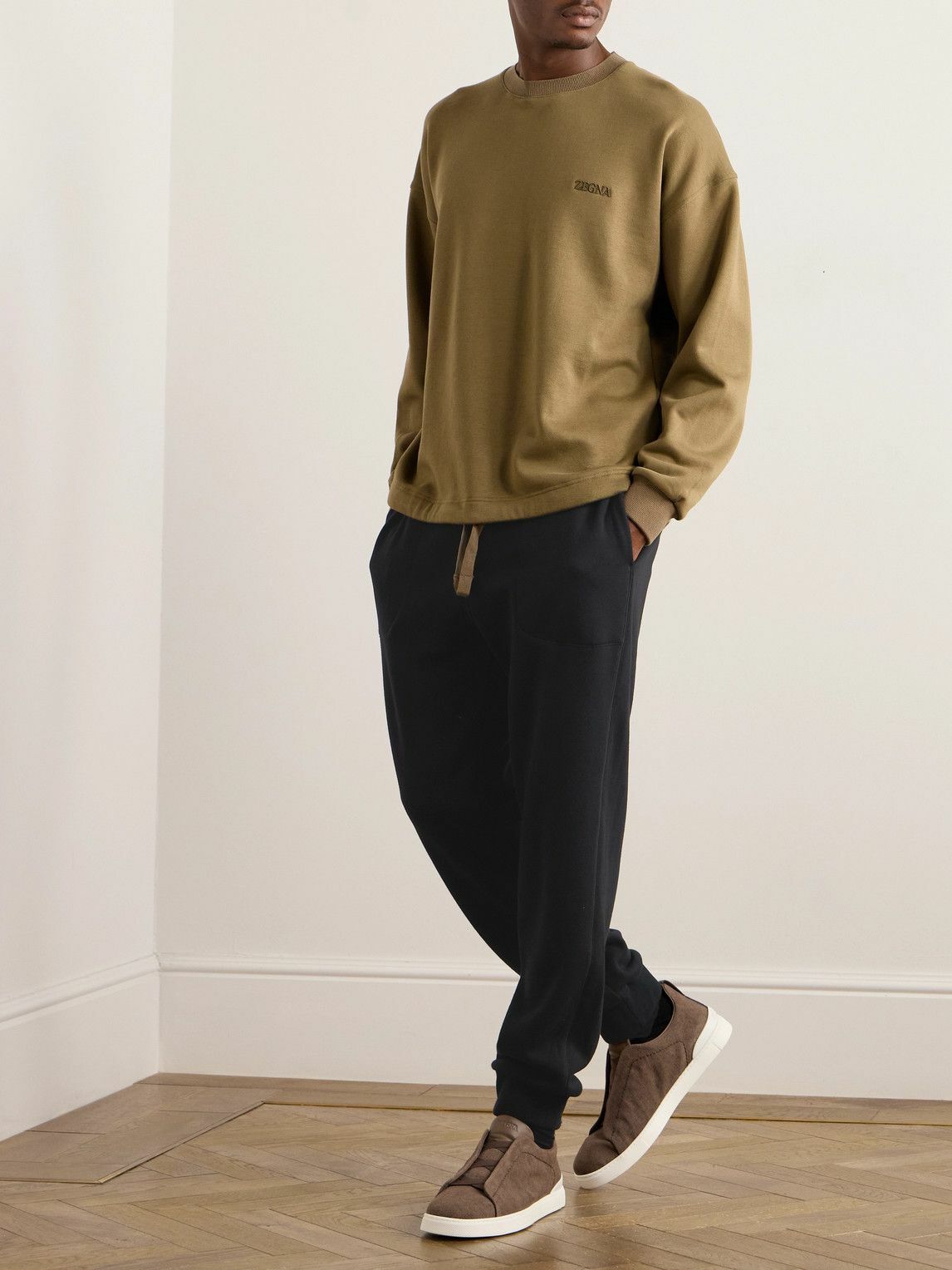 Zegna - Tapered Logo-Embroidered Cotton-Blend Jersey Sweatpants - Black