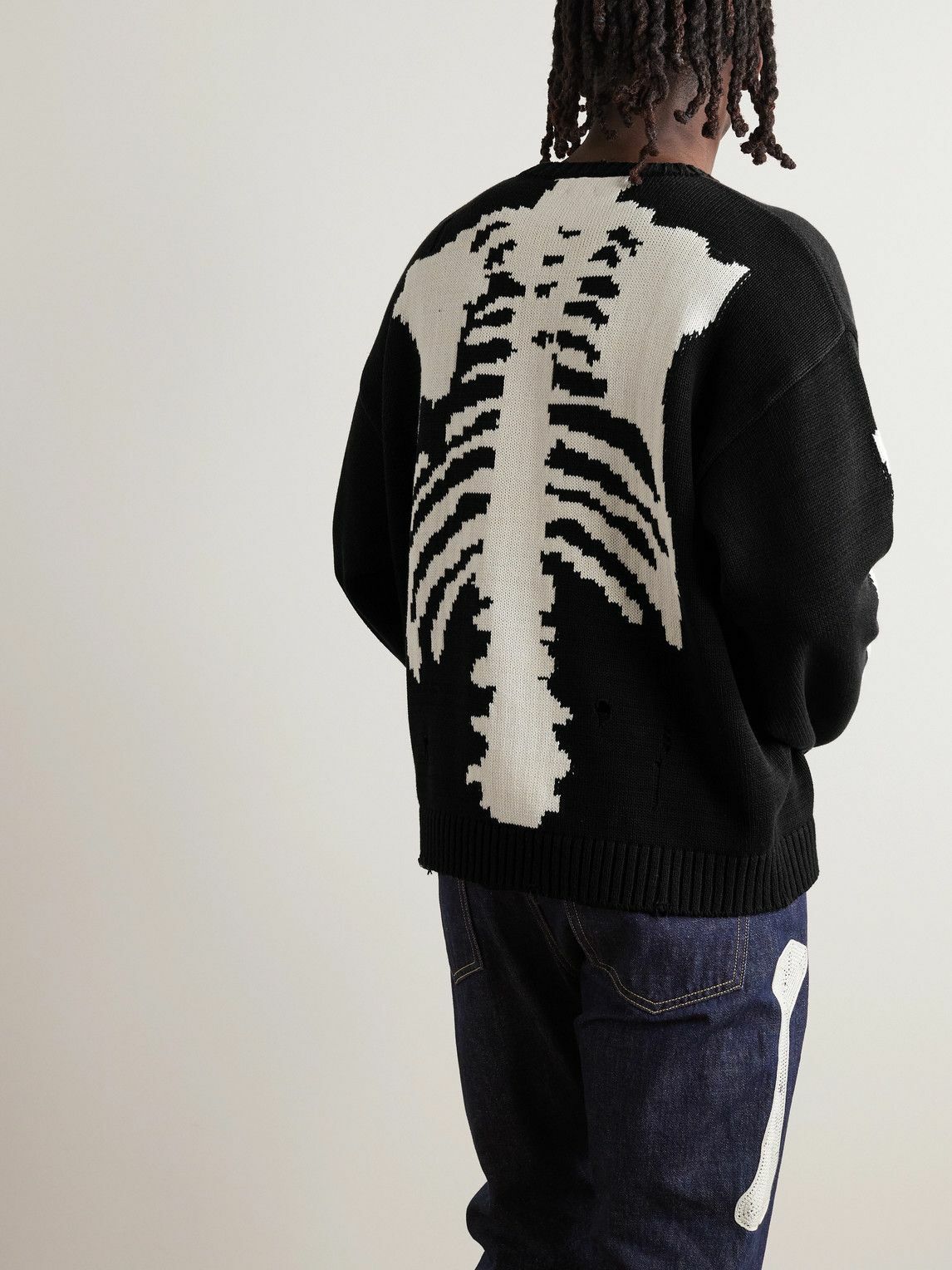 KAPITAL - 5G Distressed Intarsia Cotton-Blend Sweater - Black KAPITAL
