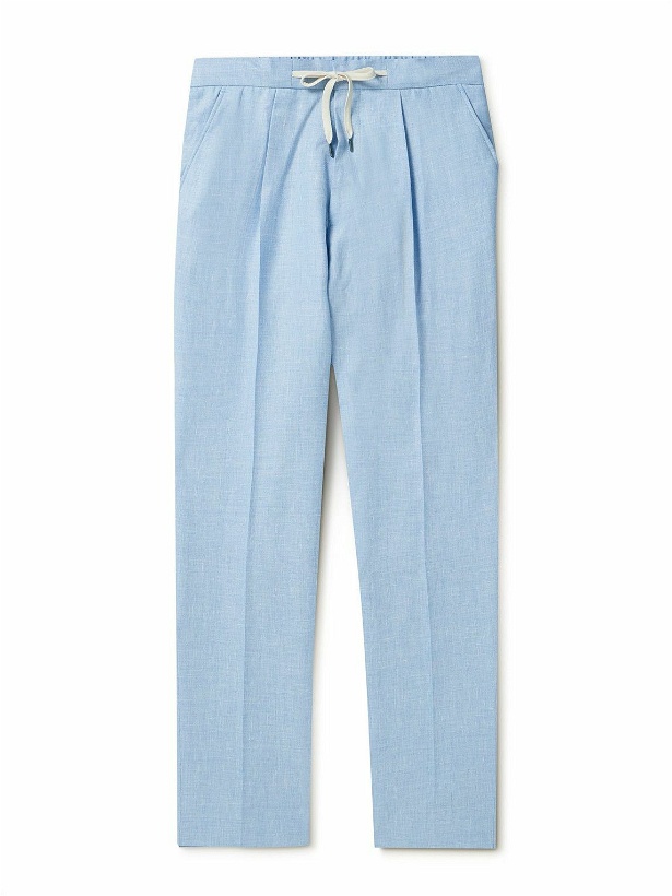 Photo: Mr P. - Tapered Pleated Virgin Wool, Linen and Silk-Blend Drawstring Trousers - Blue