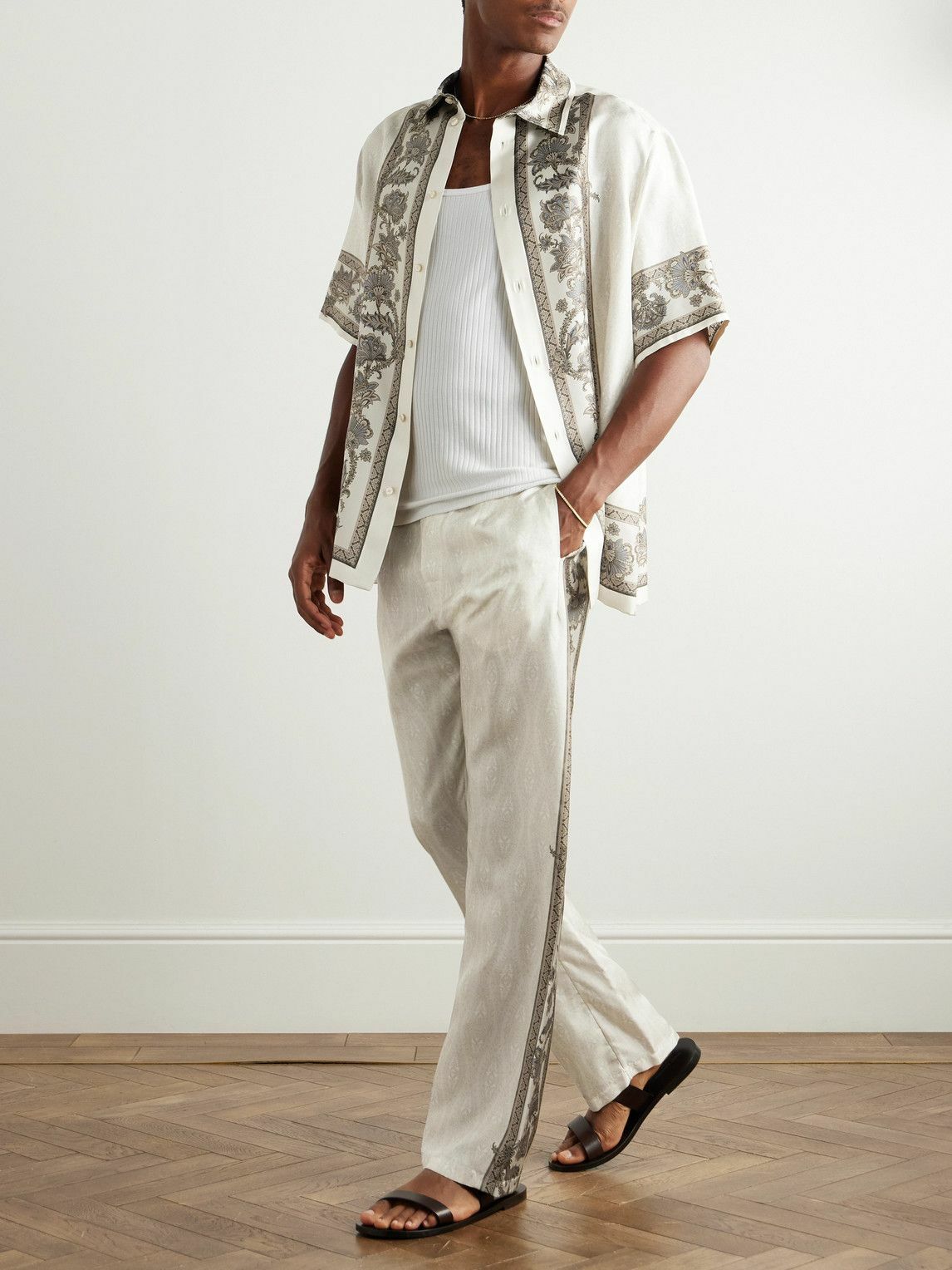 Etro - Slim-Fit Straight-Leg Printed Silk-Twill Trousers - Neutrals