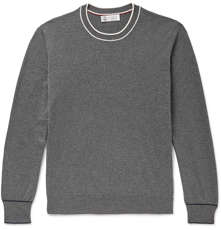Photo: Brunello Cucinelli - Contrast-Tipped Mélange Cotton Sweater - Gray