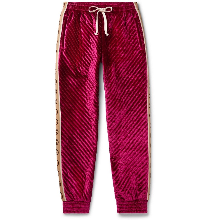 Photo: Gucci - Logo-Jacquard Webbing-Trimmed Quilted Padded Velvet Sweatpants - Pink
