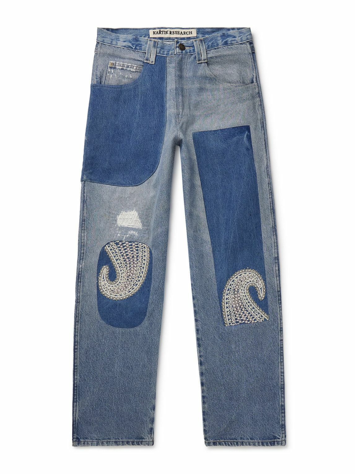 Kartik Research - Chikankari Straight-Leg Embellished Panelled Jeans - Blue