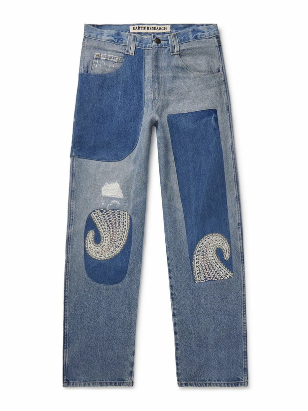 Photo: Kartik Research - Chikankari Straight-Leg Embellished Panelled Jeans - Blue