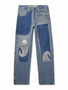 Kartik Research - Chikankari Straight-Leg Embellished Panelled Jeans - Blue