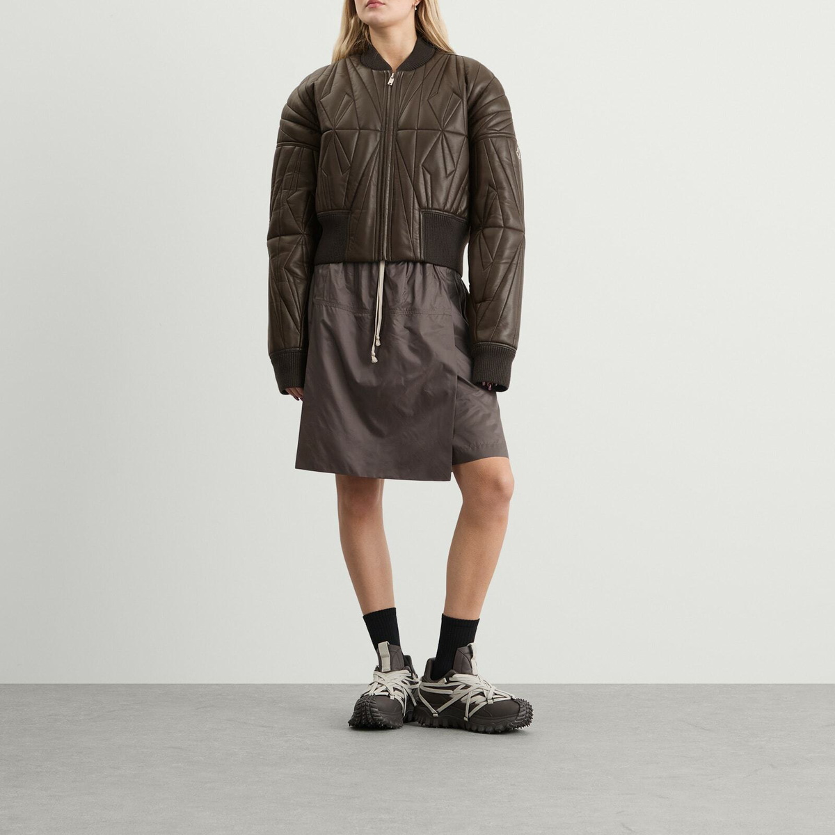 Rick Owens x Moncler Geocamo Cropped Leather Jacket in Dark Dust