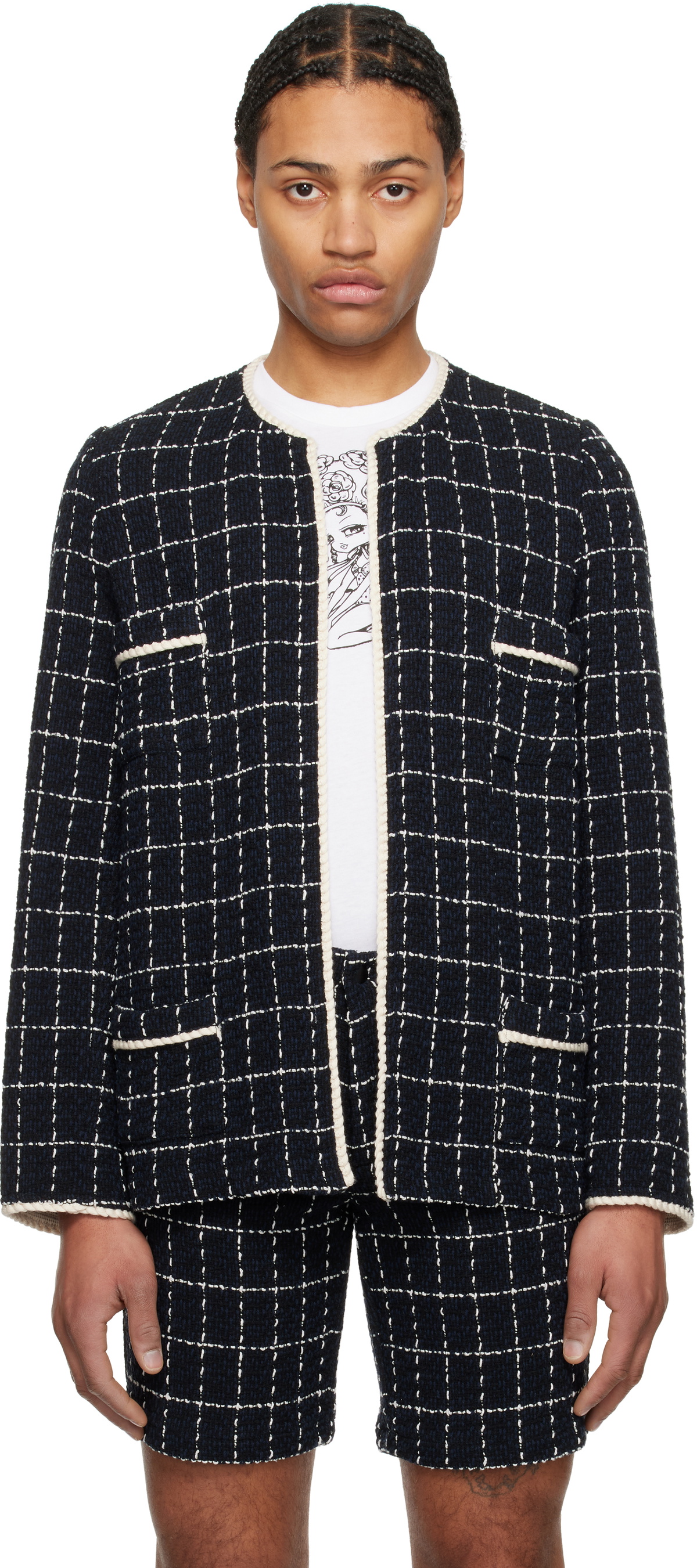Anna Sui Navy Windowpane Tweed Jacket