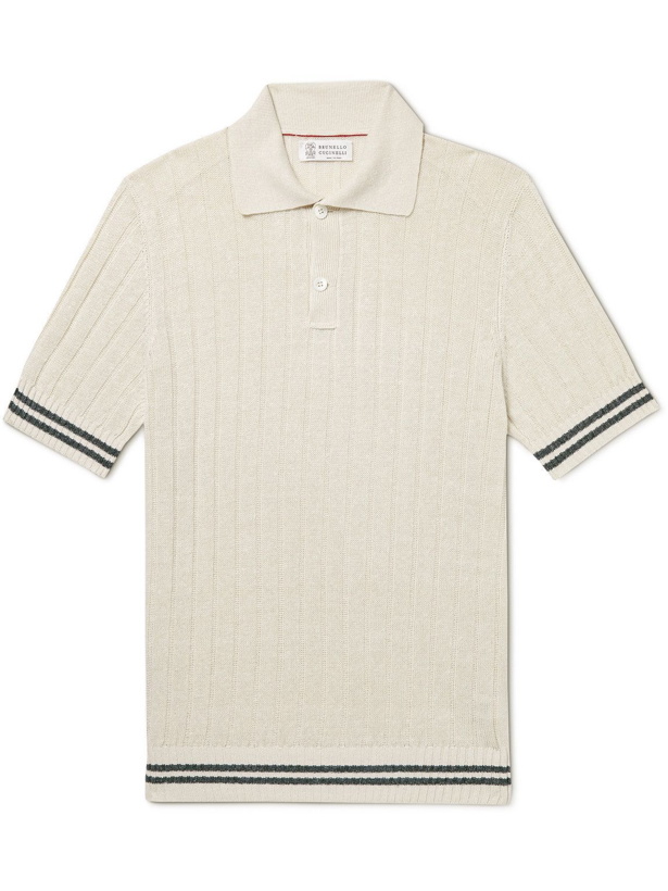 Photo: Brunello Cucinelli - Striped Ribbed Cotton and Linen-Blend Polo Shirt - Neutrals