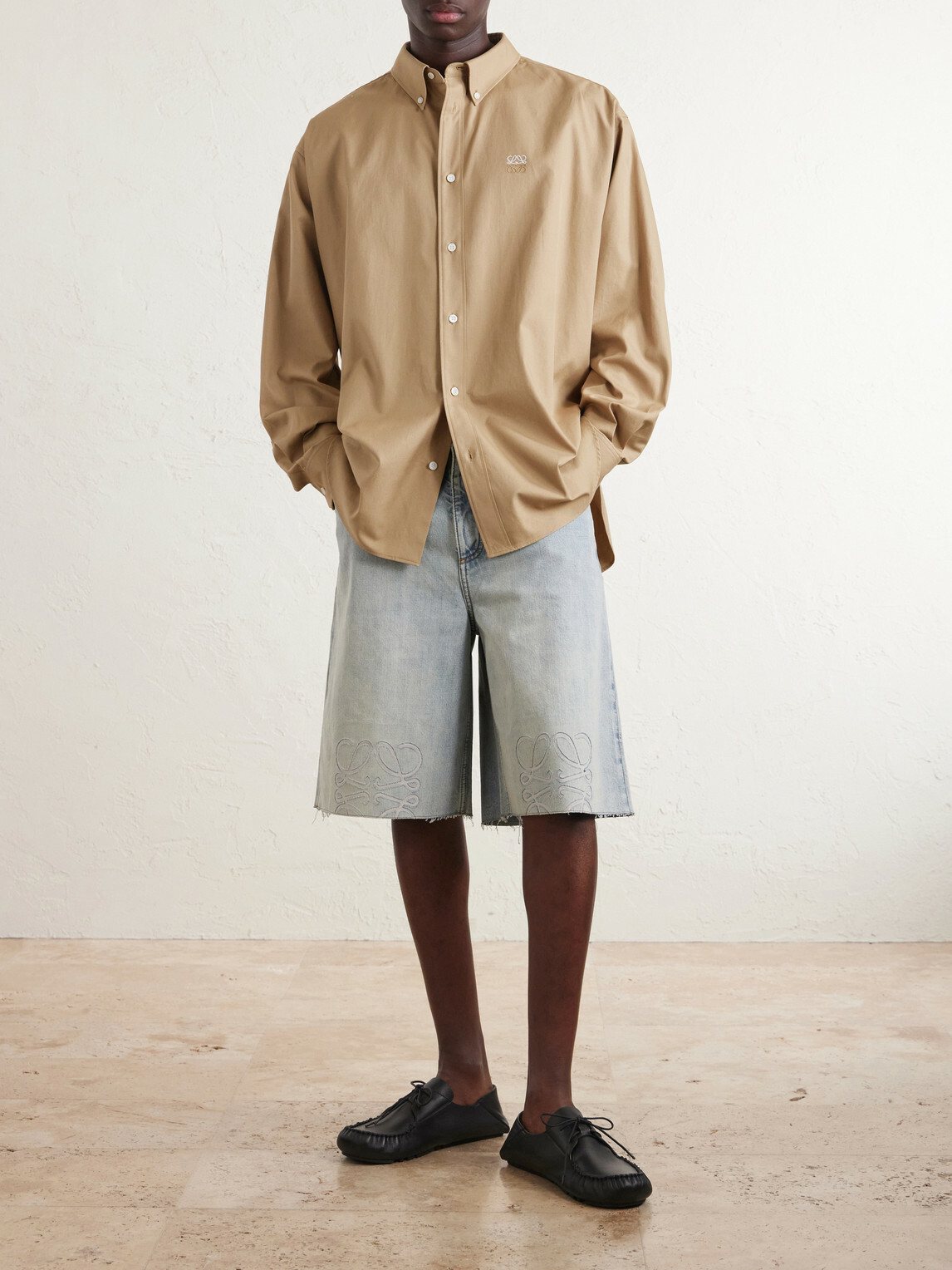 LOEWE - Wide-Leg Anagram-Embroidered Denim Shorts - Blue