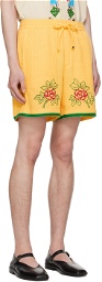 HARAGO Yellow Cross-Stitched Shorts