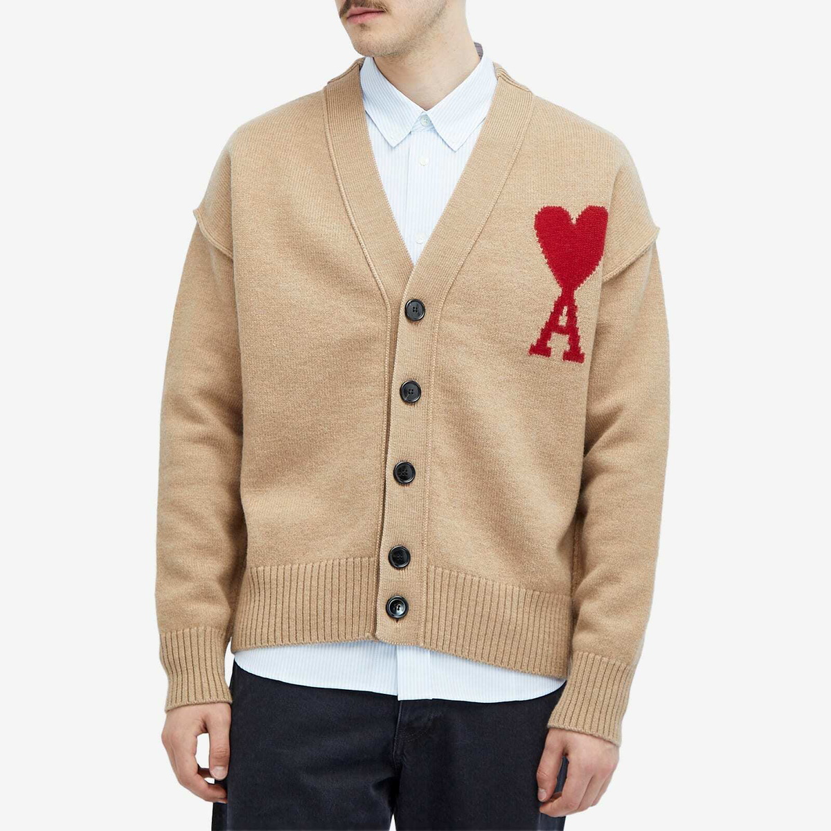 AMI Paris Men's A Heart Cardigan in Camel/Red AMI