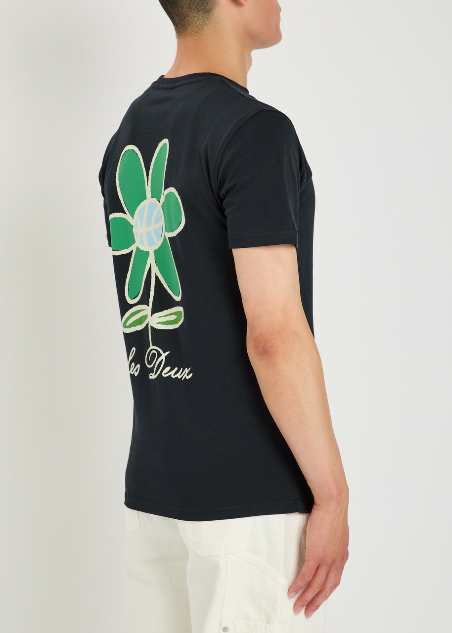 Les Deux Flower Printed Cotton T-shirt Navy