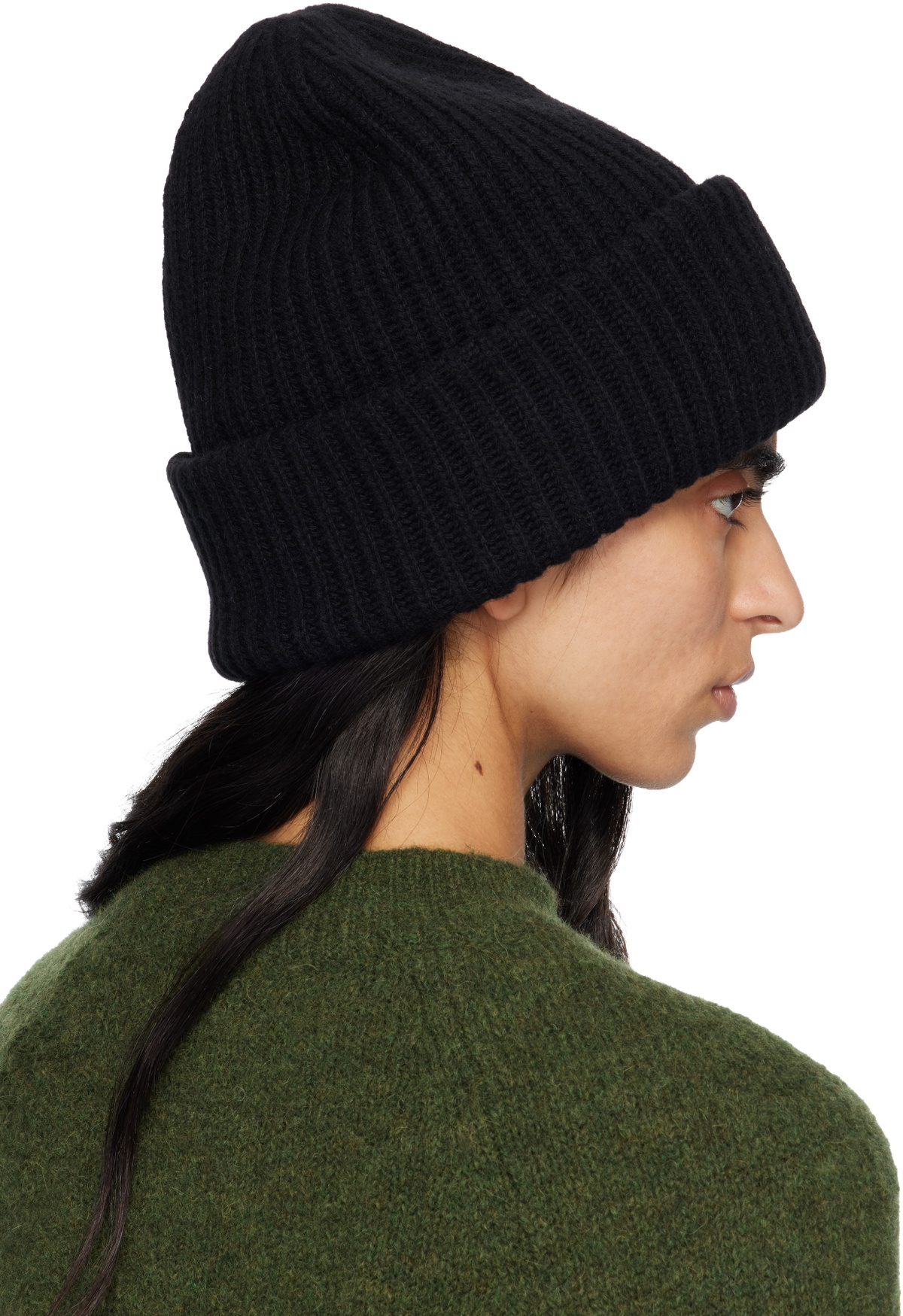 GANNI Black Oversized Wool Rib Knit Beanie