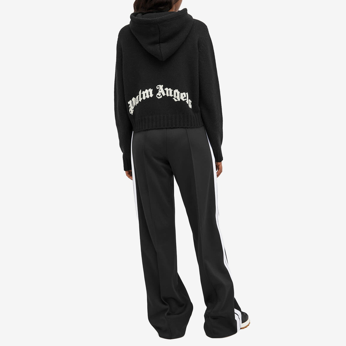 Palm Angels Women's Curved Logo Knit Hoodie in Black Palm Angels