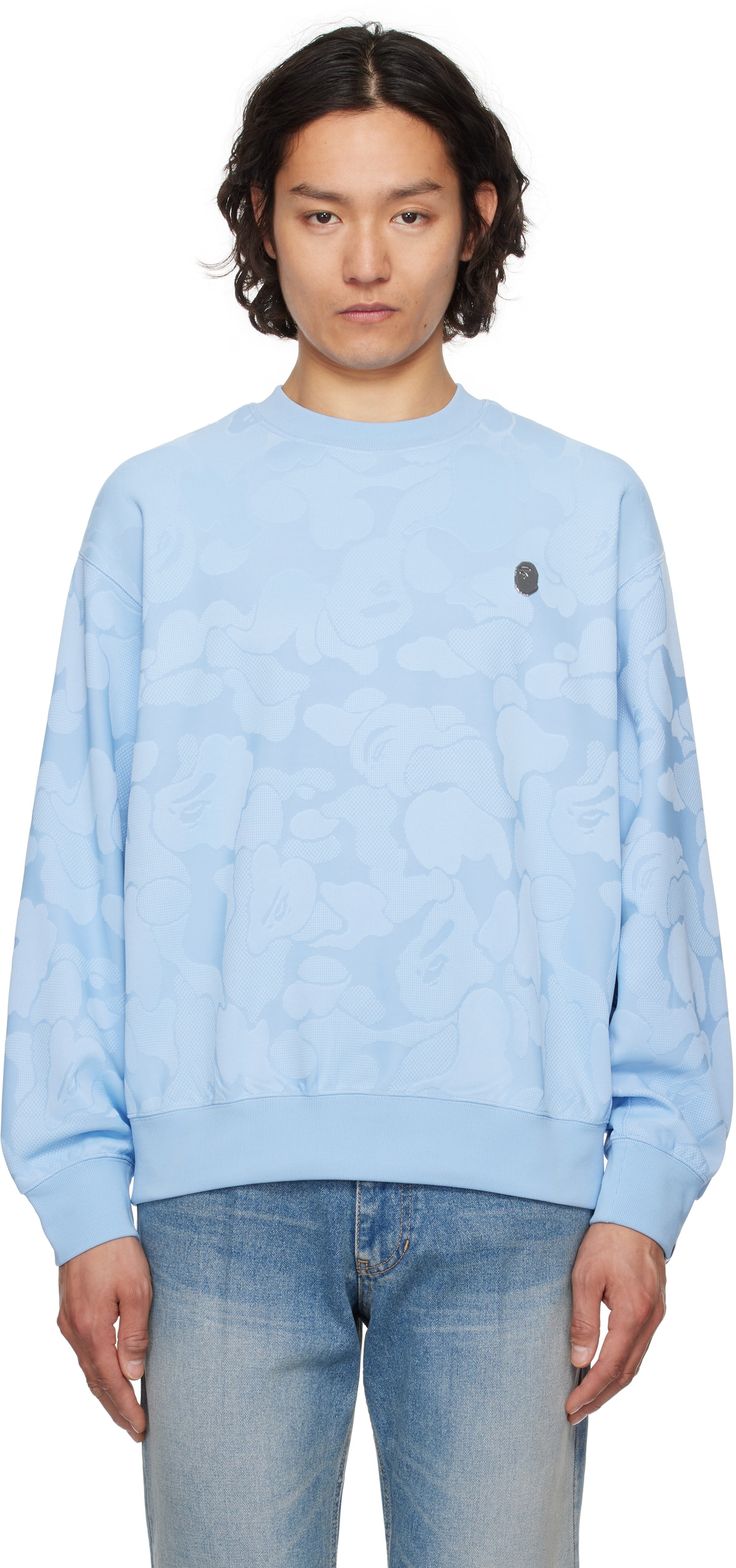 BAPE Blue Solid Camo Jacquard One Point Crewneck Sweatshirt