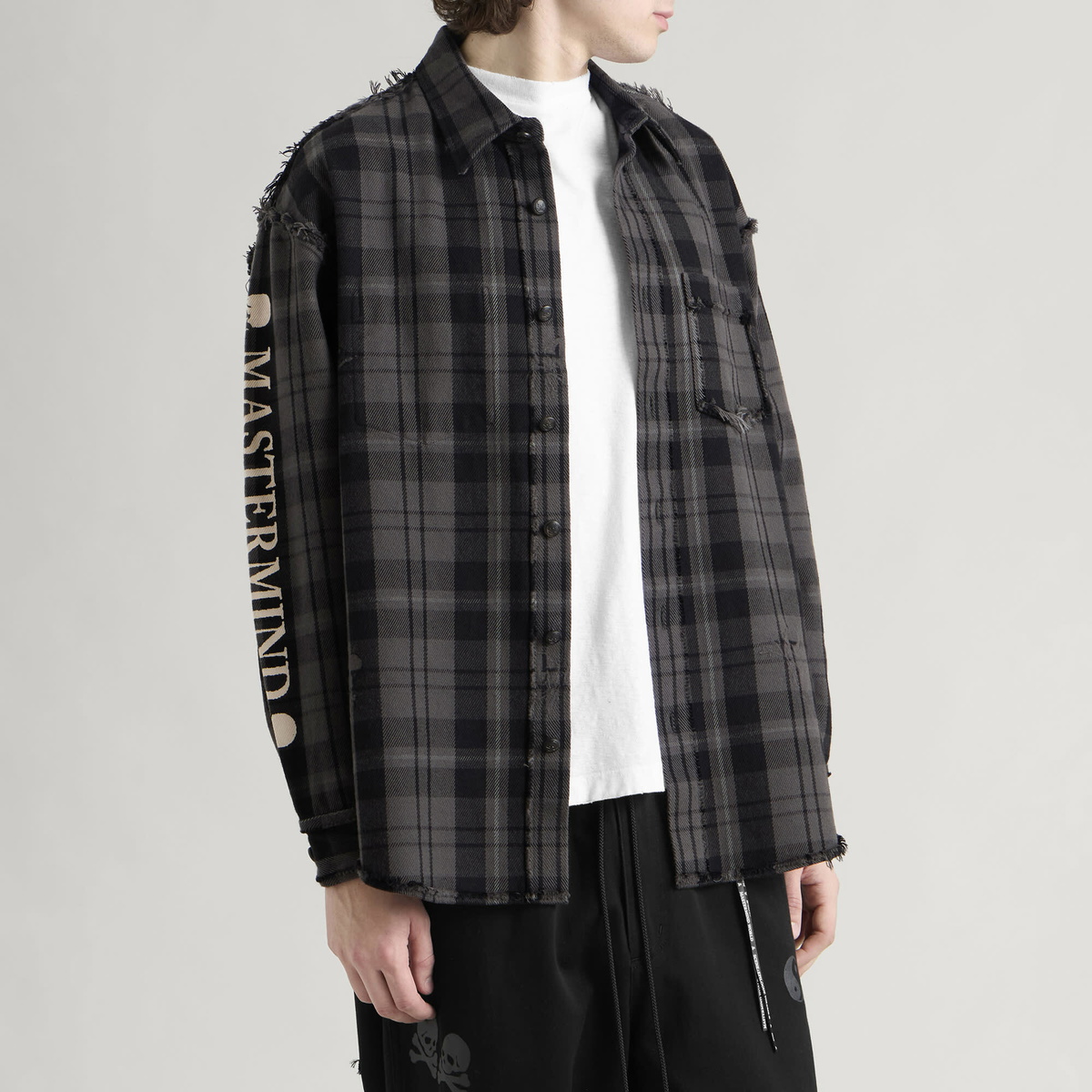 MASTERMIND WORLD Men's Damaged Reversible Plaid Shirt in Black
