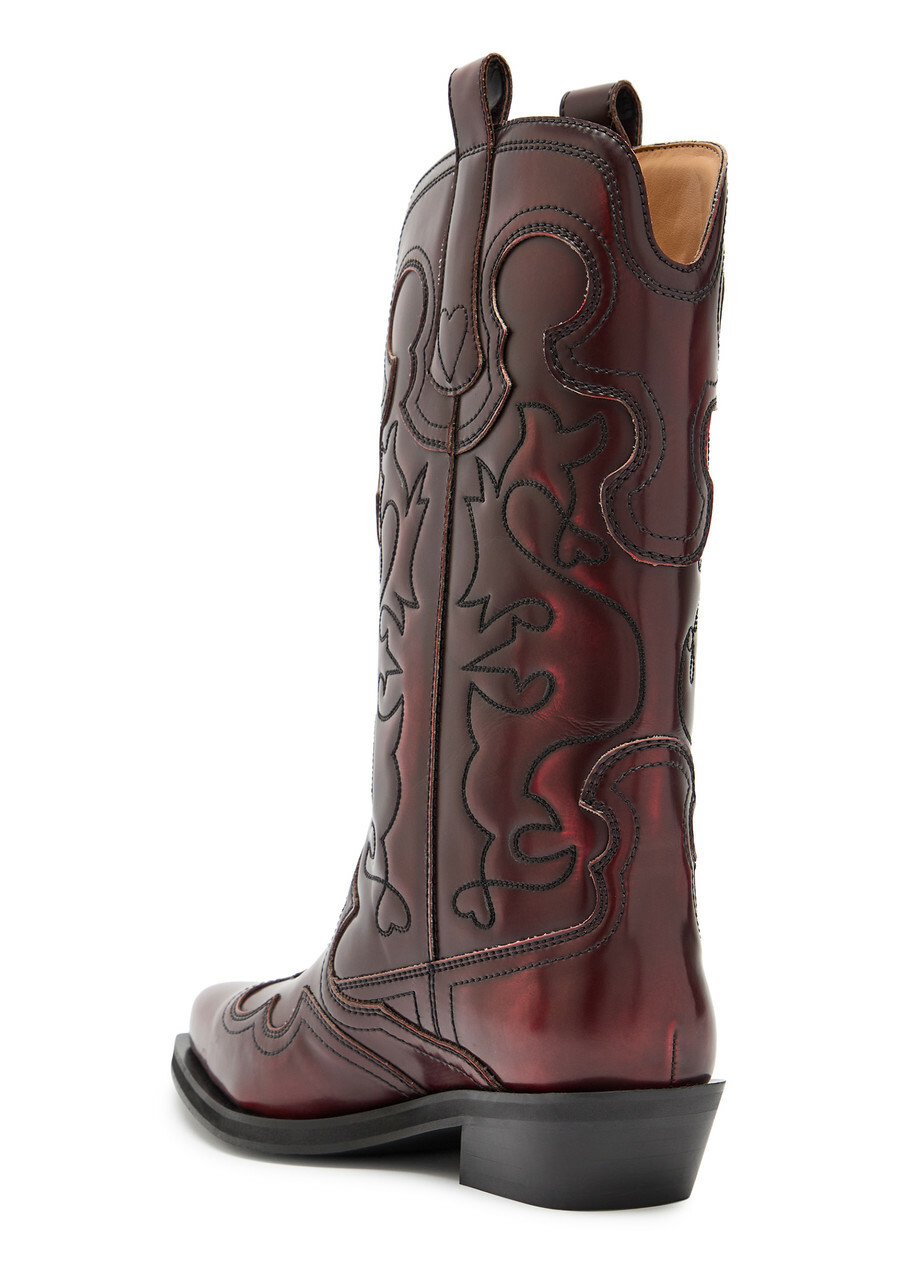 Ganni Embroidered Faux Leather Mid-calf Western Boots Burgundy