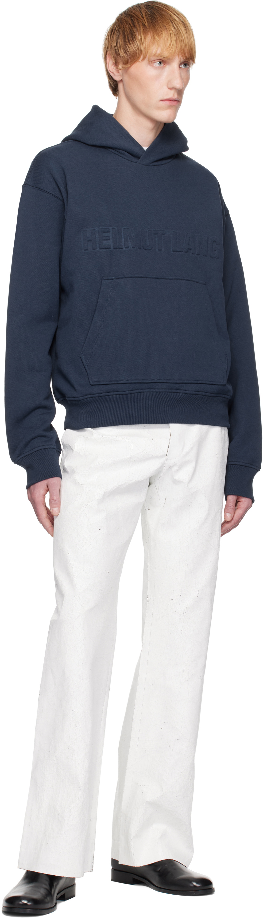 Helmut Lang Navy Embossed Logo Hoodie