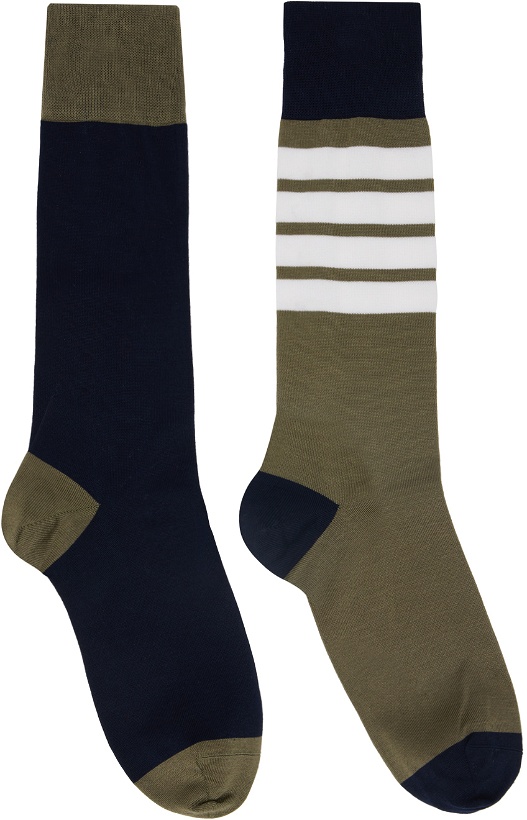 Photo: Thom Browne Khaki & Navy Funmix Cotton 4-Bar Socks