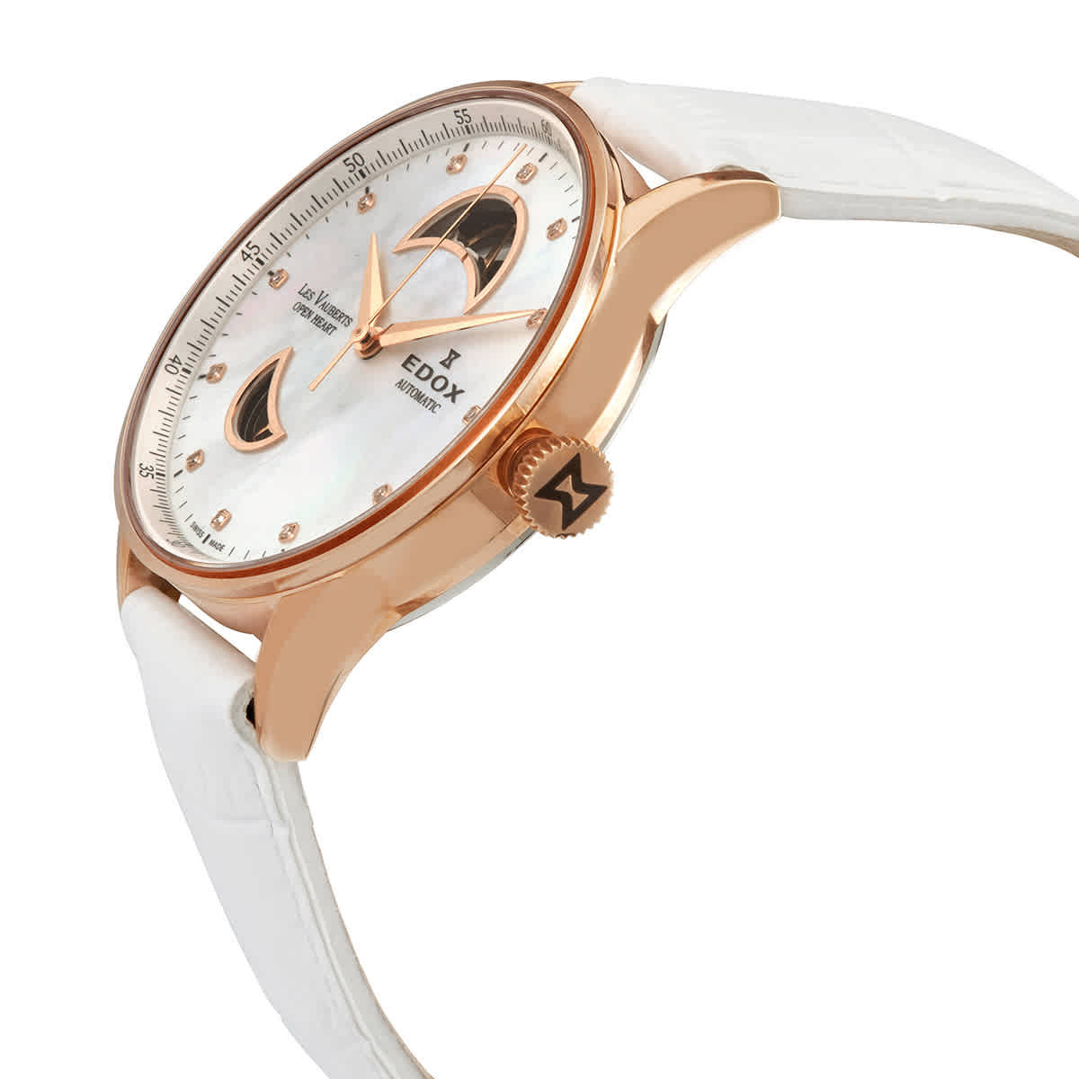 Edox Les Vauberts Open Heart White Mother of Pearl Dial Automatic Ladies Watch 85019 37RA NADR