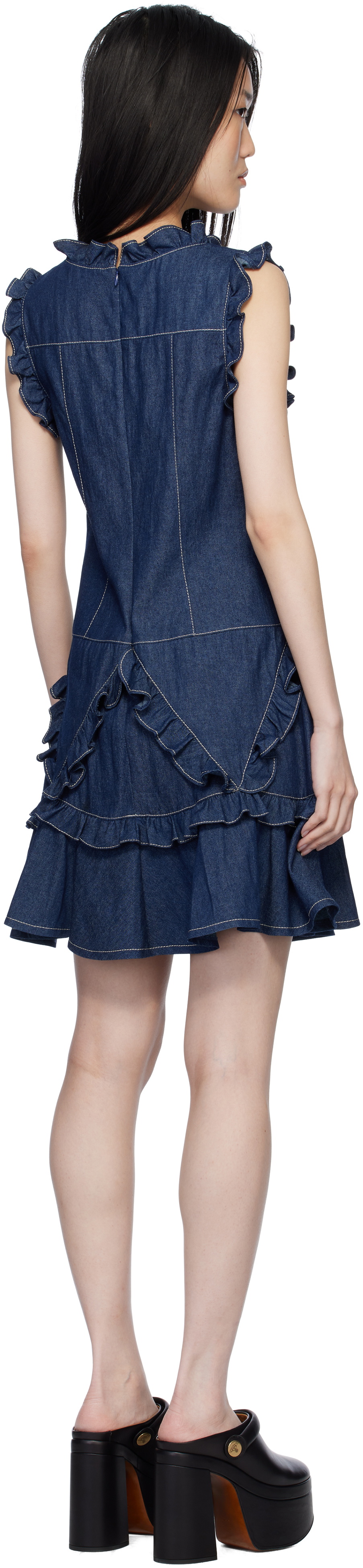 Anna Sui Navy Ruffle Denim Midi Dress