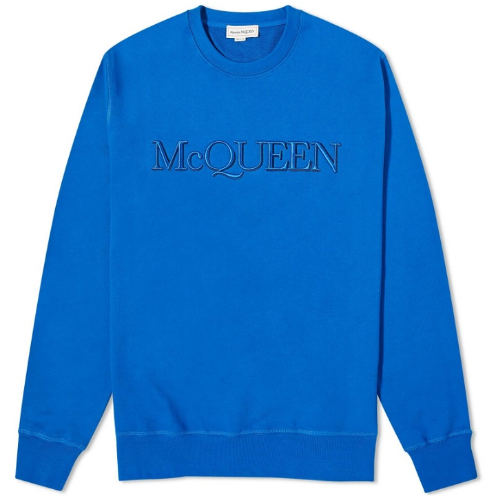 Photo: Alexander McQueen Men's Embroidered Logo Crew Sweat in Galactic Blue