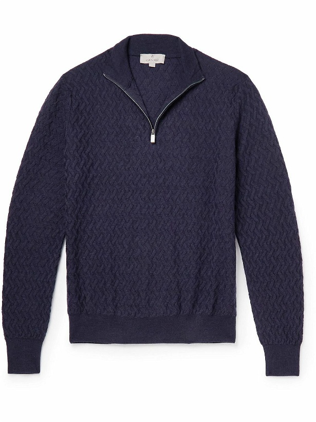 Photo: Canali - Cable-Knit Wool Half-Zip Sweater - Blue