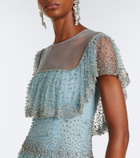 Costarellos Crystal-embellished tiered mesh gown