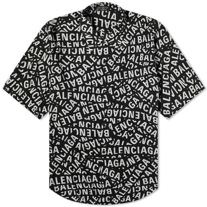 Photo: Balenciaga Men's All Over Logo Short Sleeve Shirt in Black/Grey