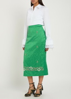 Erdem Embellished Crinkled Satin Midi Pencil Skirt Green