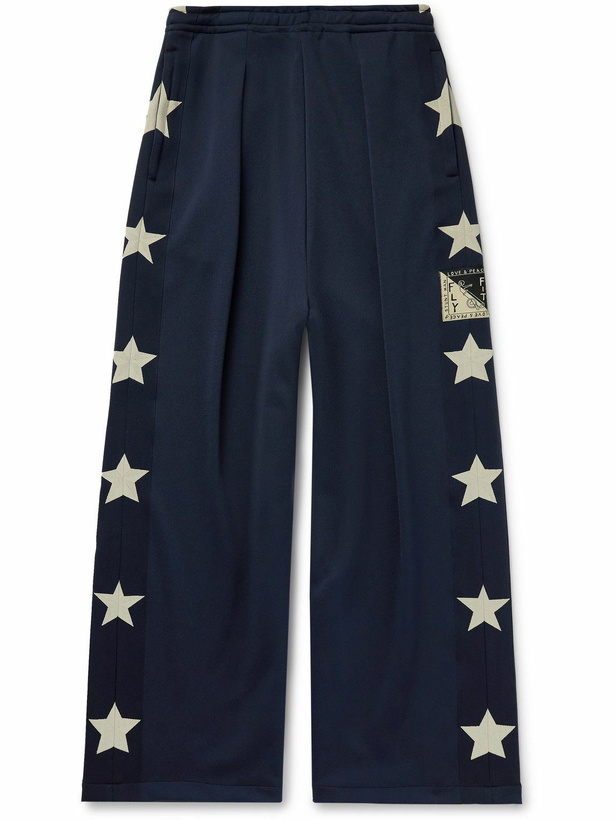 Photo: KAPITAL - Wide-Leg Pleated Logo-Appliquéd Tech-Jersey Jacquard Track Pants - Blue
