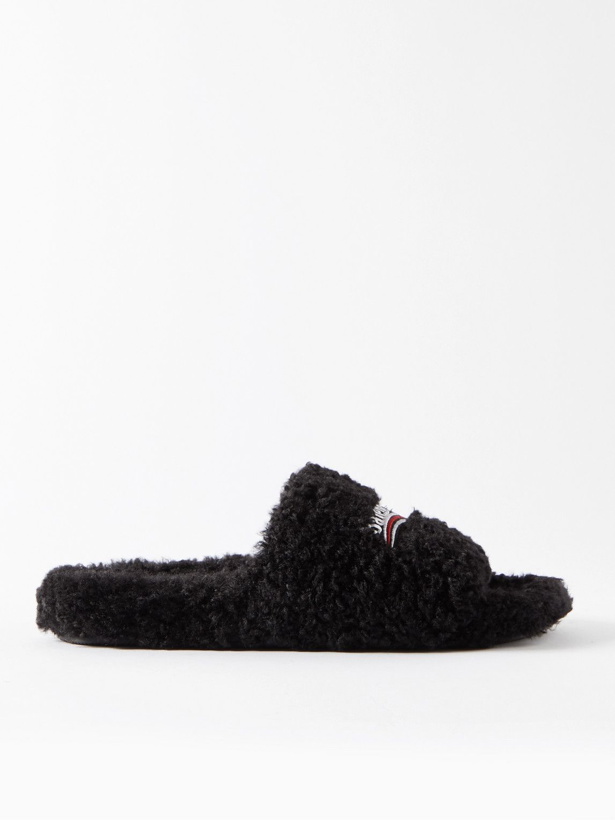 Photo: Balenciaga - Logo-Embroidered Faux Shearling Slides - Black