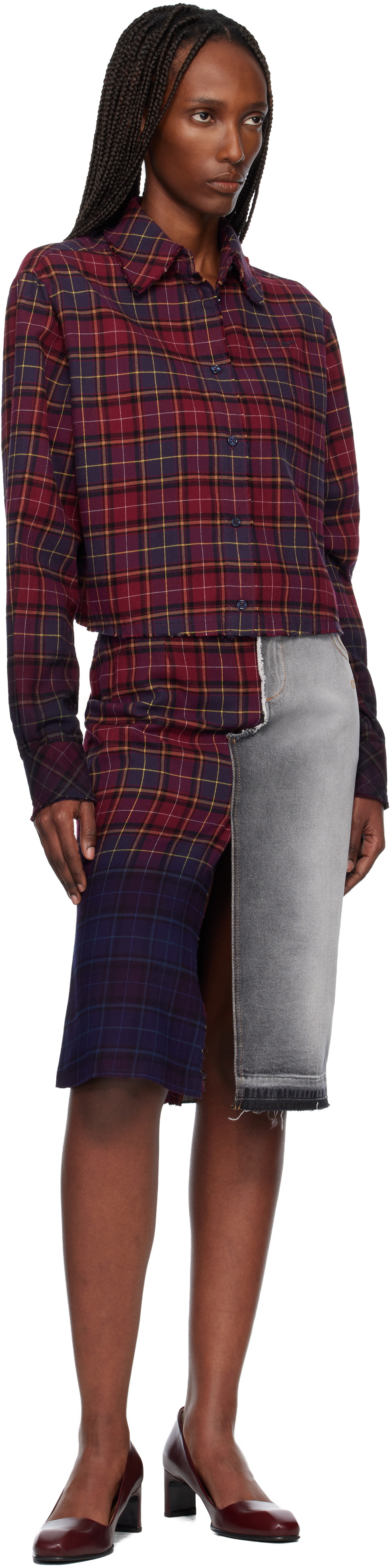 Off-White Red & Blue Check Flannel Denim Midi Skirt