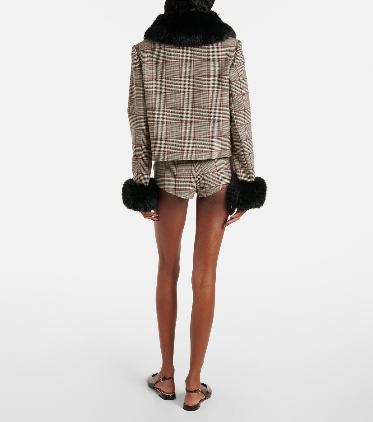 Self-Portrait Checked faux fur-trimmed jacket