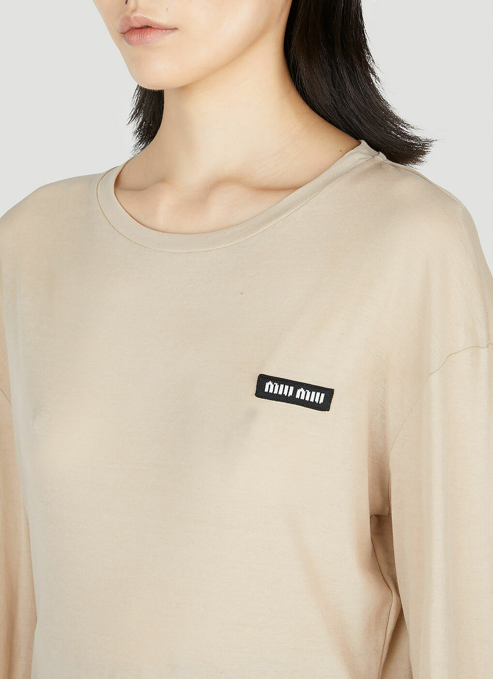 Miu Miu - Logo Patch Long Sleeve T-Shirt in Beige