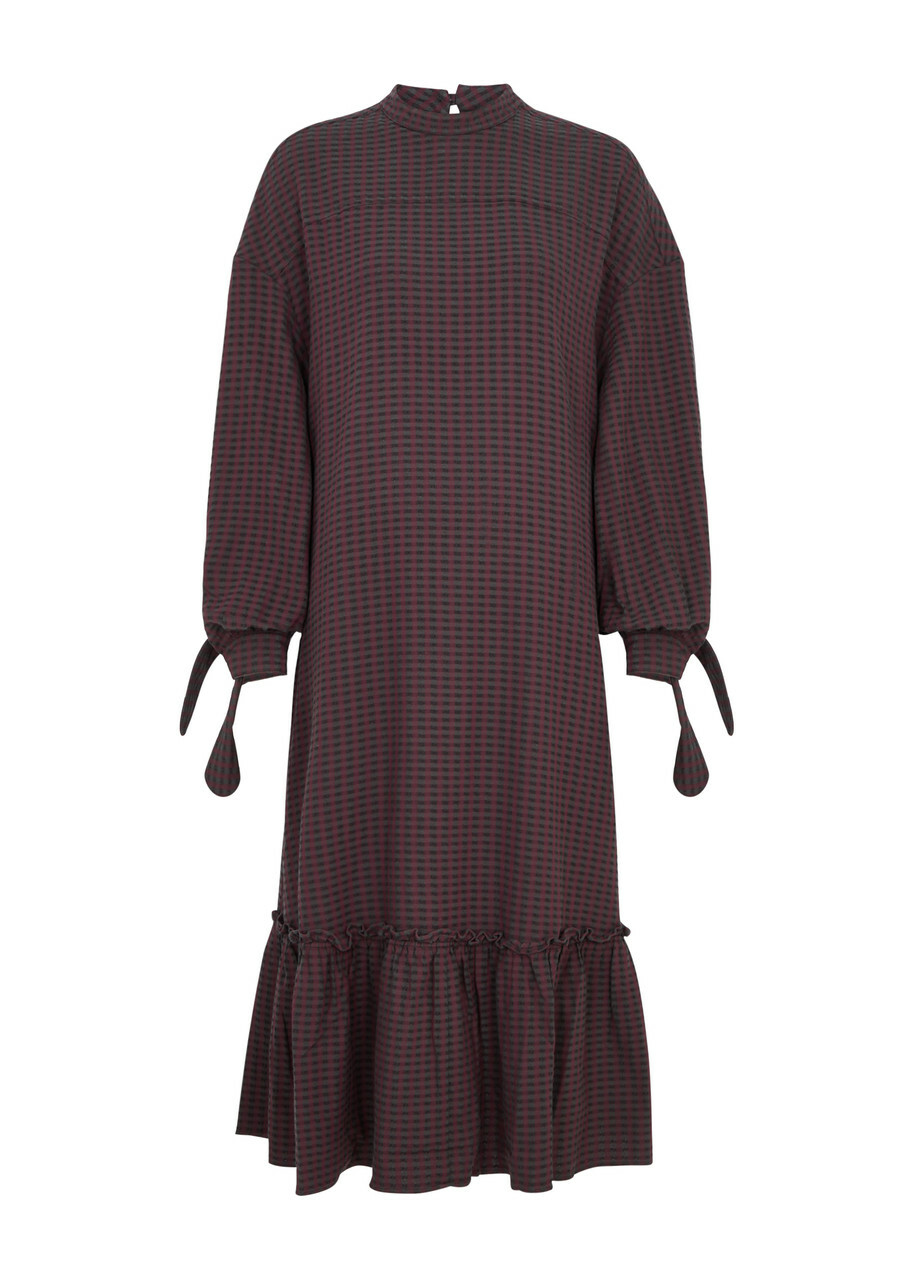 Ymc Rushmore Gingham Seersucker Midi Dress Burgundy YMC