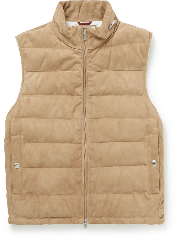 Photo: Brunello Cucinelli - Quilted Suede Hooded Down Gilet - Brown