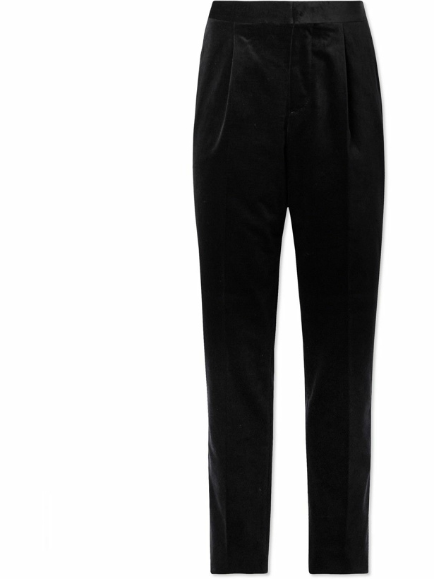 Photo: Brunello Cucinelli - Straight-Leg Pleated Satin-Trimmed Cotton-Velvet Tuxedo Trousers - Black