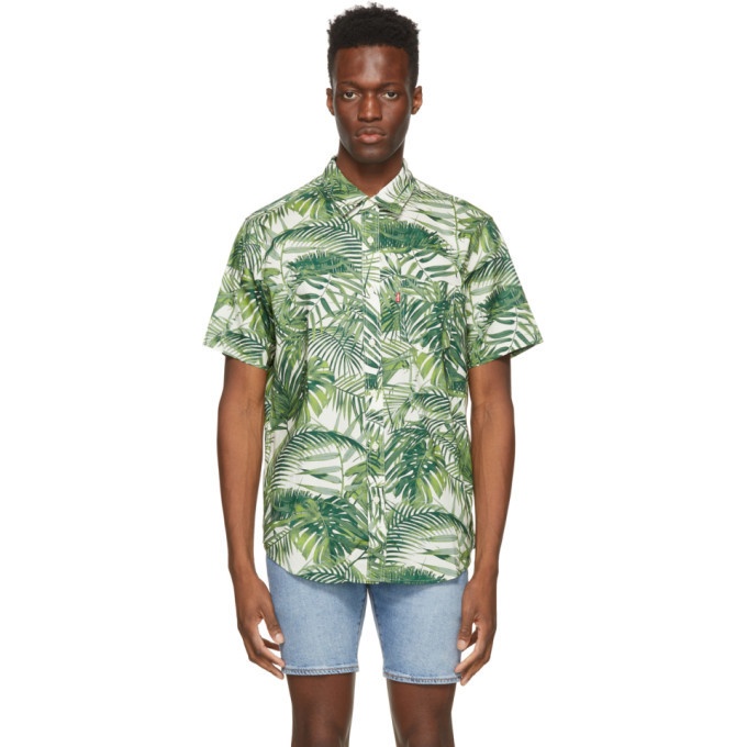 Photo: Levis Off-White and Green Tropical Fern Sunset One Pocket Short Sleeve Shirt
