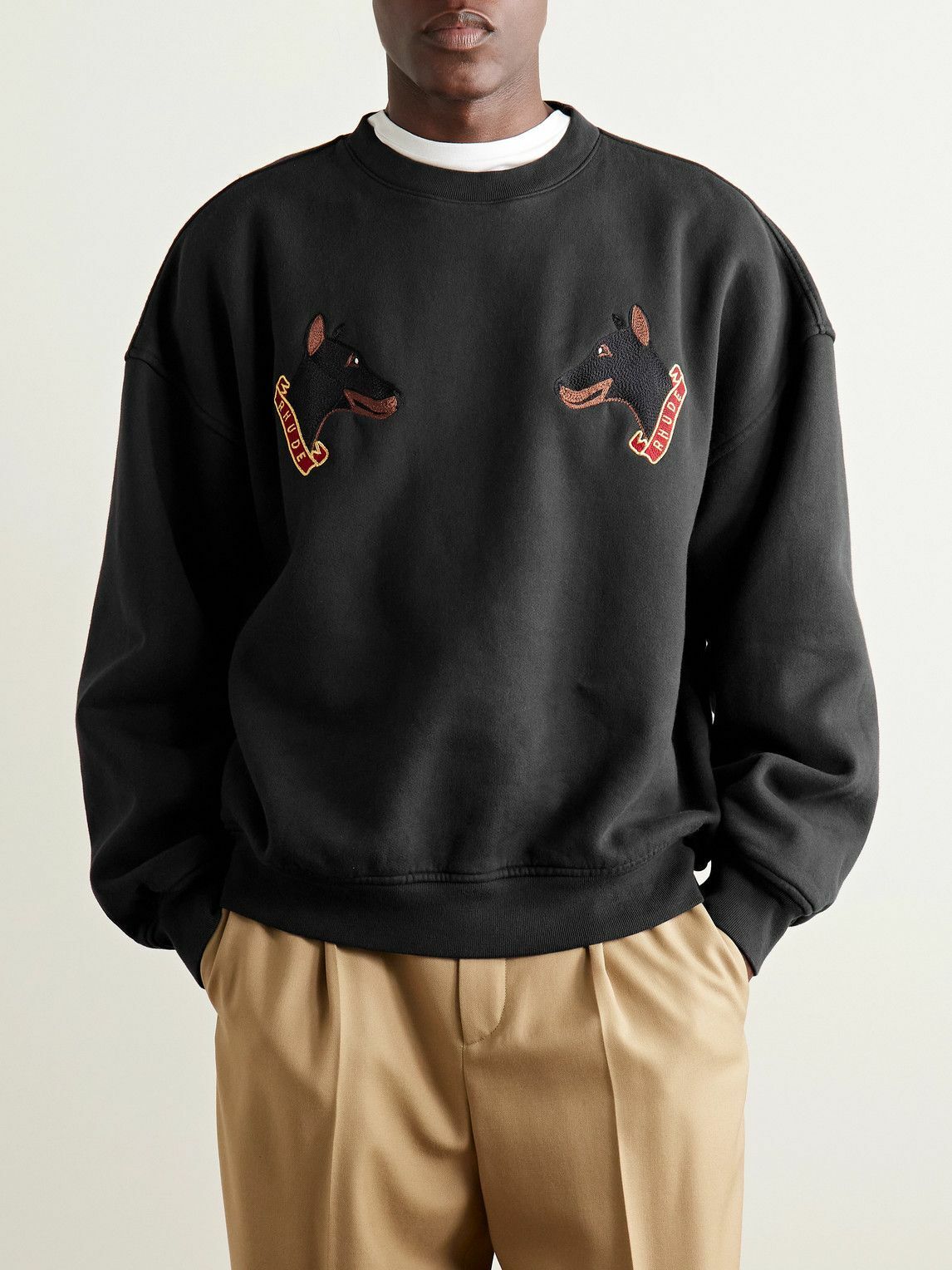 Rhude - London Hound Embroidered Cotton-Jersey Sweatshirt - Black