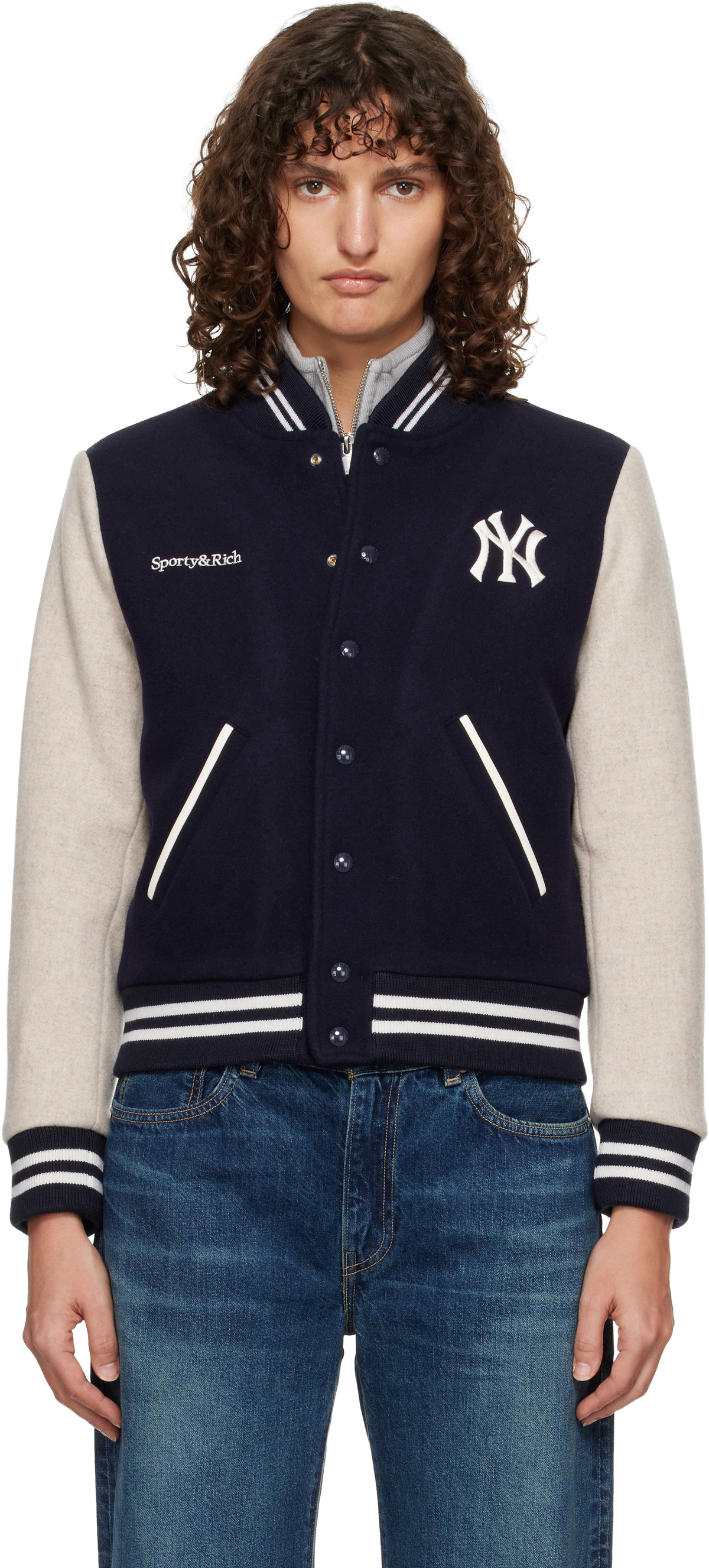 Sporty & Rich Navy & Beige Yankees Curve Wool Varsity Jacket