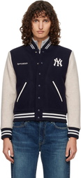 Sporty & Rich Navy & Beige Yankees Curve Wool Varsity Jacket