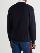 GUCCI - Horsebit Suede and Webbing-Trimmed Wool-Blend Cardigan - Blue